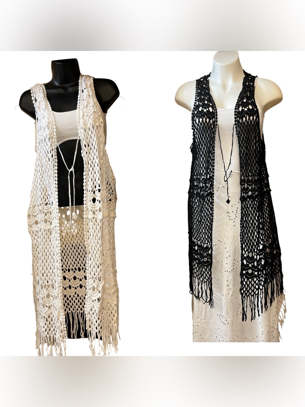 India Boutique  Crocheted Fringe Swim Cover-Up Vest Two Colors Available NWT